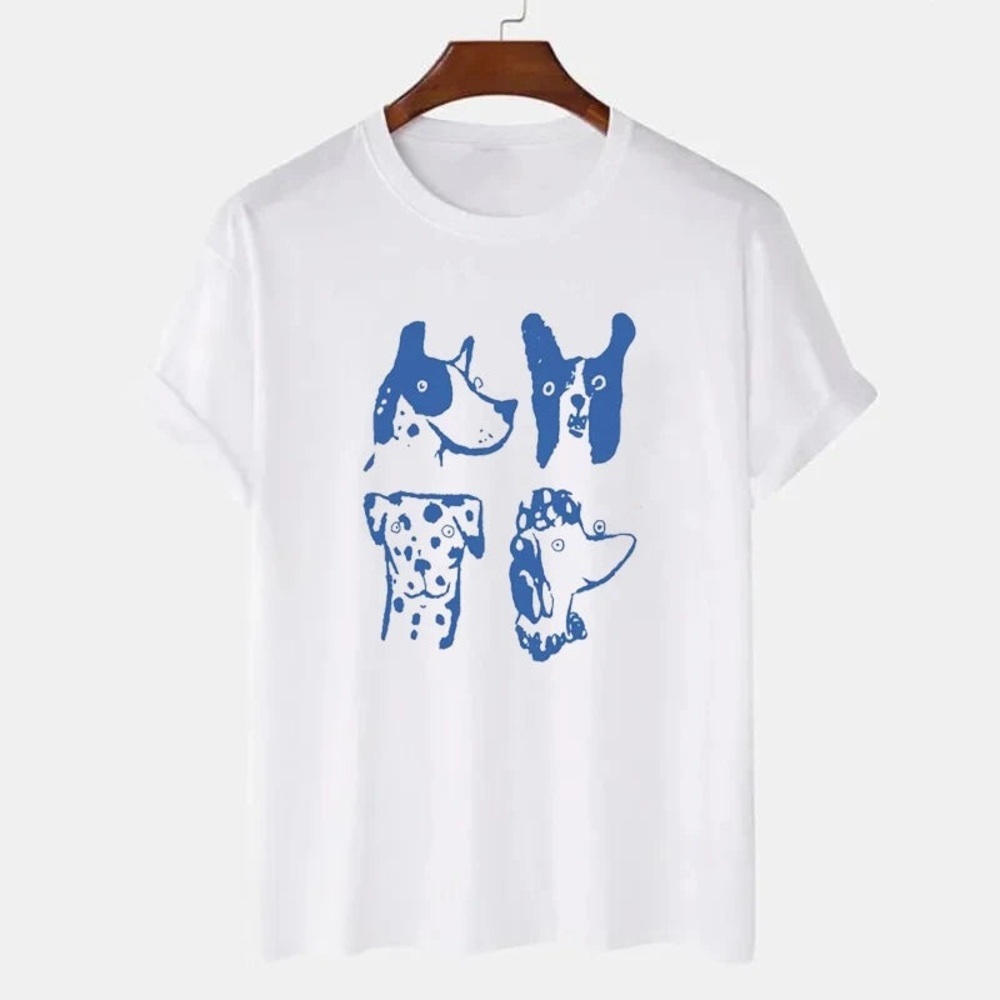 Illustrated Dog Graphic Tee Oversized White Unisex T-Shirt in Blue Size Small